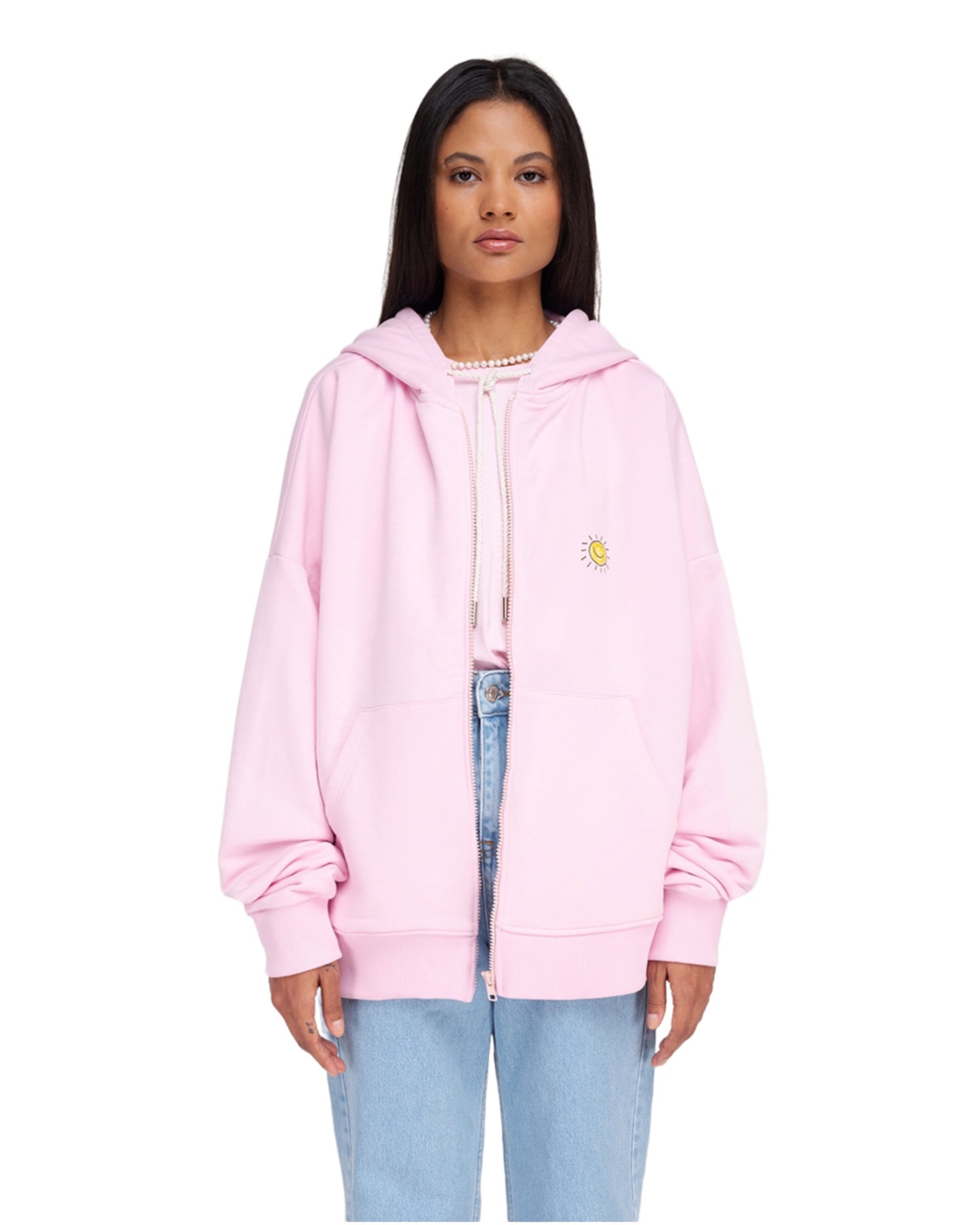 OVERSIZED ZIP THROUGH HOODIE WITH PRINT IN PINK